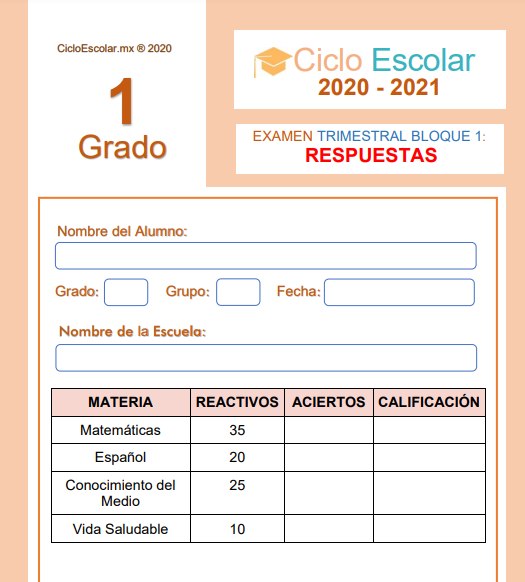 Examen del primer trimestre de primer grado de primaria contestado con respuestas (2023) – Descargar en PDF