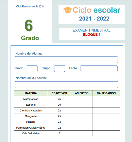 Examen del primer trimestre de sexto grado de primaria contestado con respuestas (2023) – Descargar en PDF