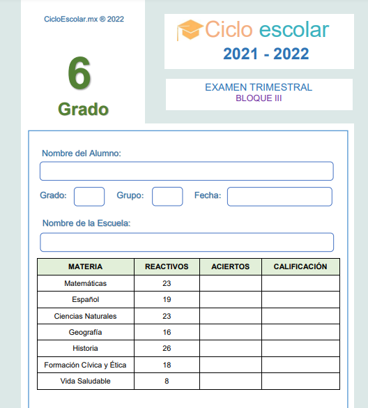 Examen del tercer trimestre de sexto grado de primaria contestado con respuestas (2023) – Descargar en PDF