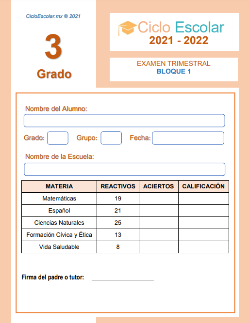 Examen del Primer trimestre de Tercer grado de primaria contestado con respuestas
