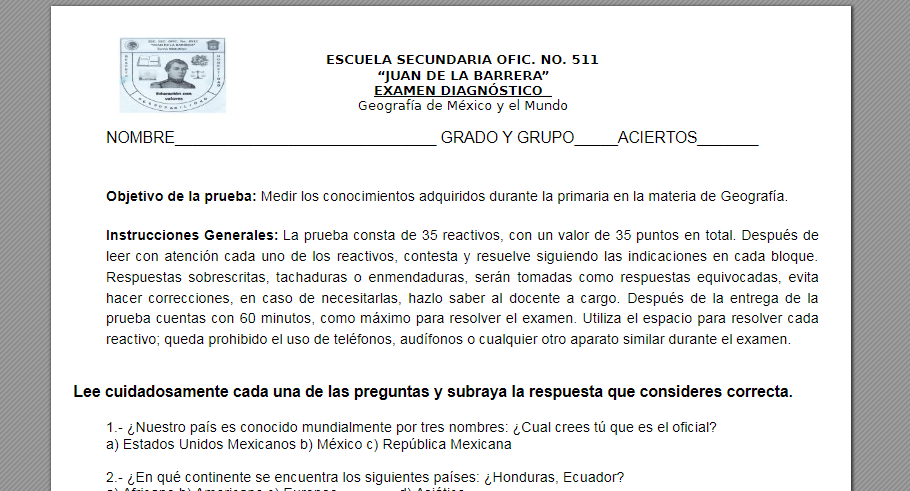 Examen de Geografía de primero de secundaria contestado con respuestas (2023)