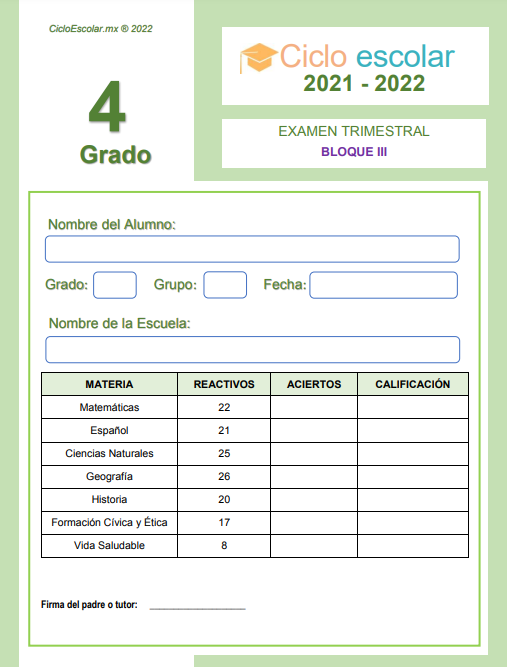 Examen del Tercer trimestre de Cuarto grado de primaria