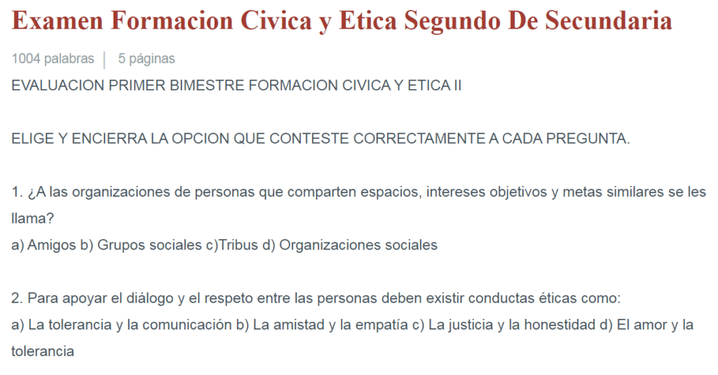 Examen de Formación Cívica y Ética de Segundo grado de Secundaria