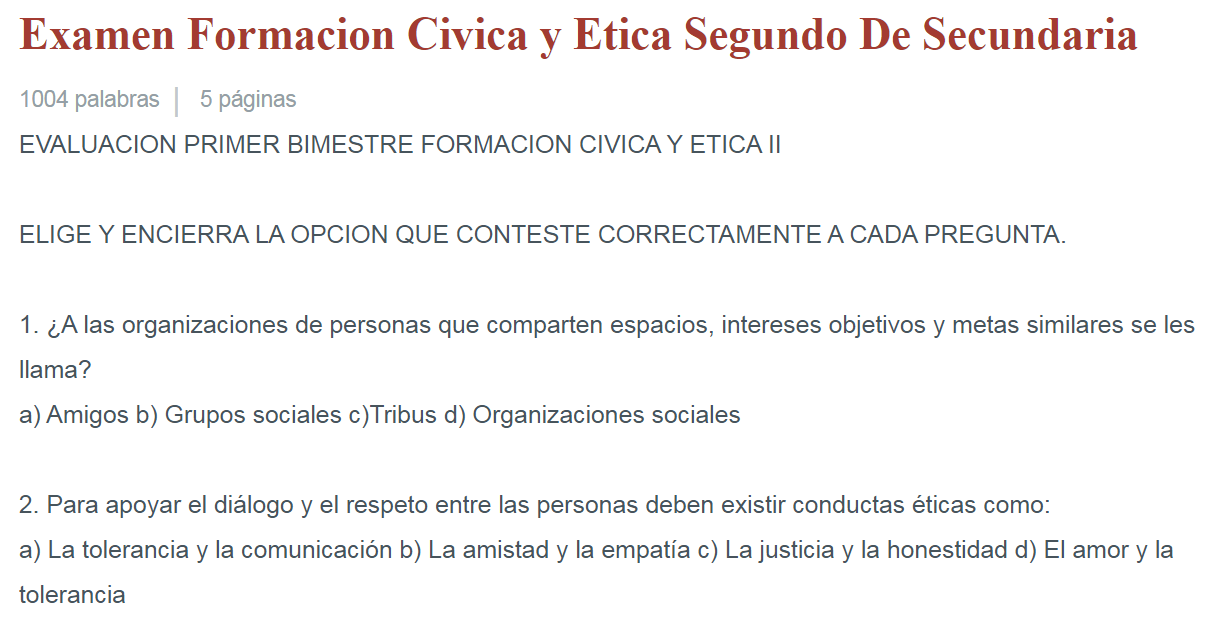 Examen de Formación Cívica y Ética de Segundo grado de Secundaria