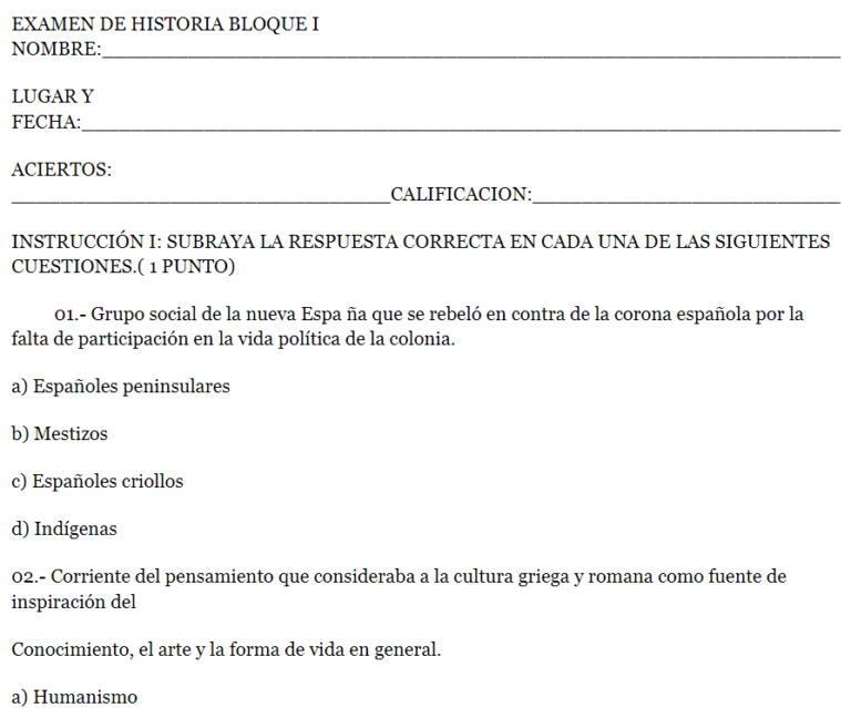 Examen de Historia de Segundo de secundaria contestado con respuestas
