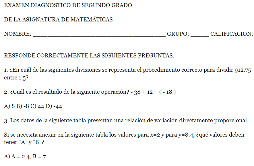 Examen de Matemáticas de Segundo de Secundaria contestado con